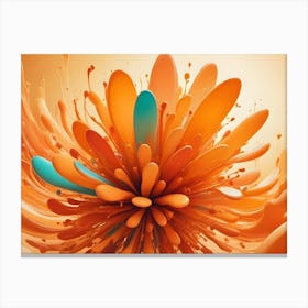 An Abstract Explosion Of Orange And Teal Liquid Forms, Resembling A Vibrant, Blooming Flower Against A Soft Orange Background Canvas Print