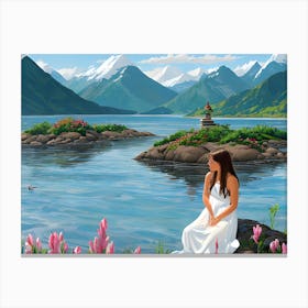 Woman Sits By The Lake With Mountain View Canvas Print