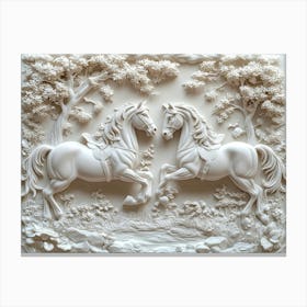 3d Relief Two Horse in Forest Art with Intricate Details and Elegant Design Canvas Print