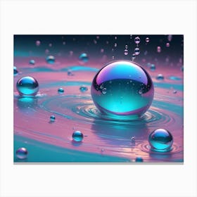 A Large, Iridescent Sphere Makes A Splash In A Pool Of Colorful Liquid, Surrounded By Smaller Spheres And Ripples Canvas Print