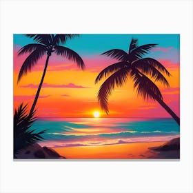 A Tranquil Beach At Sunset Horizontal Illustration 5 Canvas Print