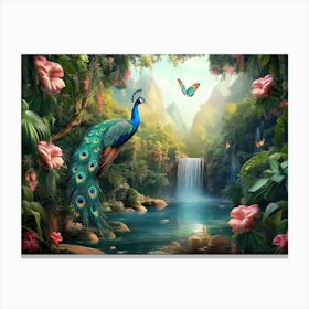 Peacock In The Jungle Canvas Print