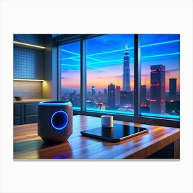 Smart Speaker On A Table With A City View Canvas Print