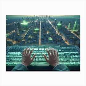 Aerial View Of A Futuristic City At Night With Green Glowing Lights, Controlled By Hands Typing On A Transparent Keyboard Canvas Print