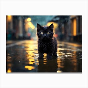 Black Cat In The Rain Canvas Print