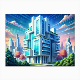 Modern Apartment Building With Green Plants And A City Skyline Canvas Print