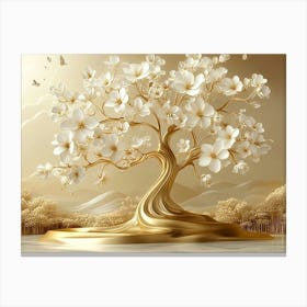 3d Golden Tree With White Flowers Canvas Print