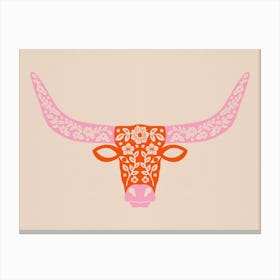 Floral Longhorn   Pink And Orange Canvas Print