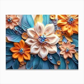 Elegant 3d Flowers Design of Colorful Diamond Painting Pattern Flowers with Leaves Canvas Print