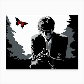 Thoughtful Man With A Red Butterfly Canvas Print