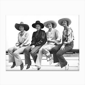 Cowgirls Sitting on Fence, Western Aesthetic, Vintage Black and White Old Photo Canvas Print