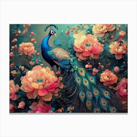 Bright Color Floral With Exotic Oriental Pattern Flowers And Peacocks 4 Canvas Print