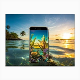 A Vibrant Futuristic Aquatic Creature Intelligent Enough To Operate A Smartphone Morphing Under T Canvas Print