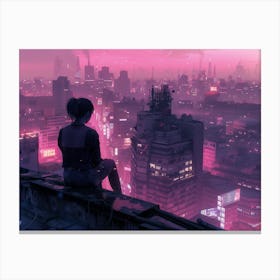 Woman Thinking While Watching the City Below Cyberpunk Aesthetic Canvas Print