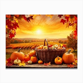 Autumnal Farm Landscape Pumpkins And Cornstalks Surround A Rustic Wooden Basket Filled With Apples (1) 2 Canvas Print