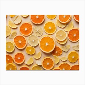 Close Up Image Of Various Citrus Slices, Including Lemons, Oranges, And Grapefruits, Arranged In A Pattern On A Beige Background Canvas Print