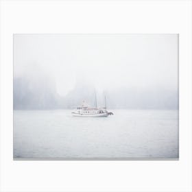 Lone Boat In Mist Halong Bay Vietnam Canvas Print