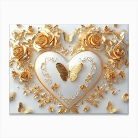 3d Golden Roses And Butterflies, 3d Butterflies On Heart With Gold Roses Canvas Print