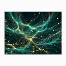 A Microscopic, Intricate Network Of Green And Gold Lines Resembling Nerves With Glowing Points Or Nodes On A Dark Background Canvas Print