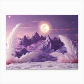 Dreamy 3d Surrealist Art with Soft Lilac Background Elegant Ivory Feathers Celestial Mountains and Luminous Canvas Print