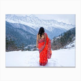 Indian Married Woman Clad In A Vibrant Sari Brandishing A Trisula Mirroring The Fierce Demeanor Of Canvas Print