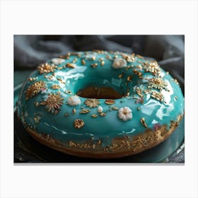 A Cinematic Low Angle View Of A Turquoise Donut Embellished With Gold Trim This Delicate Treat Boas Canvas Print