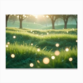 A Close Up Shot Of A Green Grassy Field With Out Of Focus Trees And Sunlight In The Background Canvas Print