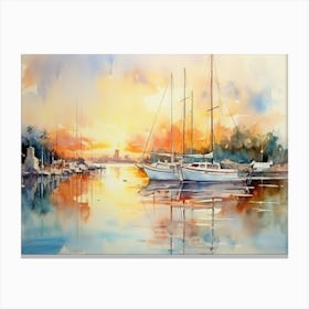 Watercolor Of Sailboats At Sunset Canvas Print