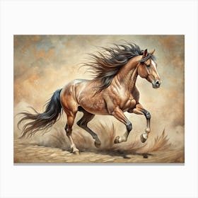 Brown Horse Running In The Dust Canvas Print