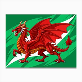 Red Dragon With Spread Wings On A Green And White Background Canvas Print