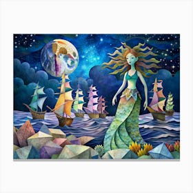 Mermaid With Ships And A Full Moon In A Geometric Sea Canvas Print