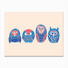 WOO HOO Cute Owls Forest Birds Woodland Nature Wildlife in Blue Red Pink Cream Kids Canvas Print