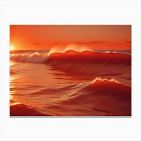 Ocean Waves Crashing With A Fiery Red Glow During A Breathtaking Sunset Canvas Print