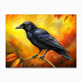 Black Crow Sitting On A Branch With Autumn Leaves 1 Canvas Print