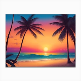 A Tranquil Beach At Sunset Horizontal Illustration 22 Canvas Print