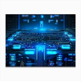 A Digital Painting Of An Abstract Cyber World In Which A Thick Neon Blue Firewall Serves As A Rugg (6) Canvas Print