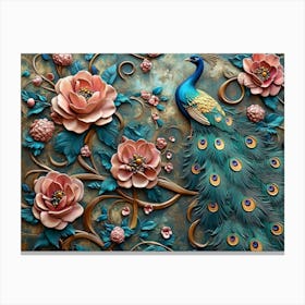 3D Peacock and Flowers Pattern Abstraction Canvas Print