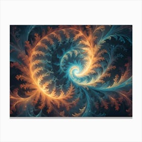 Abstract Image Featuring Intricate Swirling Patterns In Shades Of Orange, Blue, And Red, Reminiscent Of Frost Or Delicate Foliage Canvas Print