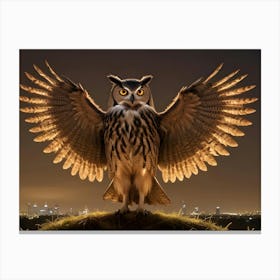 An Owl With Its Wings Spread Wide Stands On A Hill Overlooking A Cityscape Canvas Print