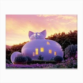 Cat Shaped House Perched On A Serene Hillside Whiskers Gently Swaying With The Wind Tail Curled In Canvas Print