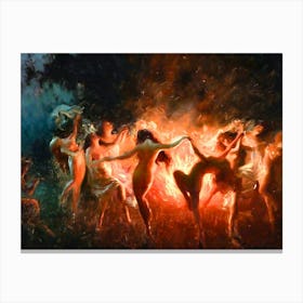 Fire Dance - Nymphs Dancing to Pans Flute - Witchy Pagan Mayhem Beltane Fire Festival Mythological Fairytale Witches Dance in a Circle Famous Oil Painting by Thomas Tomanek Canvas Print