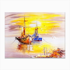 Boats At Sunset Painting Canvas Print