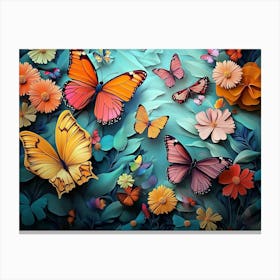 Floral Pattern With Colorful Butterflies Painting Canvas Print