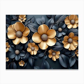 Gold Flowers On Black Background 4 Canvas Print