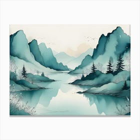 A Watercolor Painting Of A Serene Mountain Valley With A River Winding Through It Canvas Print