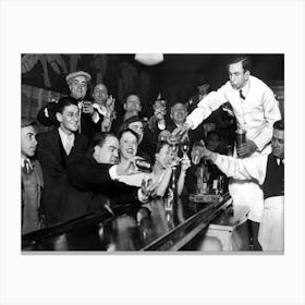 Prohibition, Bartenders At The Bar, Beer, Vintage Black and White Old Photo, Bar Cart Decor Canvas Print