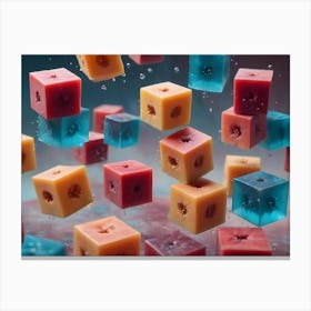 Red, Yellow And Blue Jelly Cubes With Slices Of Fruit Suspended Inside Canvas Print