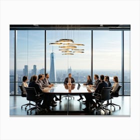 Confident Ceo Seated At The Head Of A Sleek Gleaming Mahogany Conference Table Leading An Energize Canvas Print