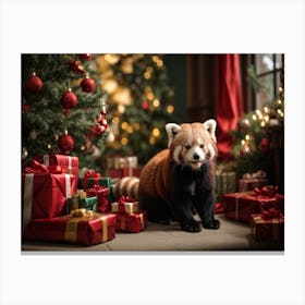 Red Panda In Front Of Christmas Tree Canvas Print