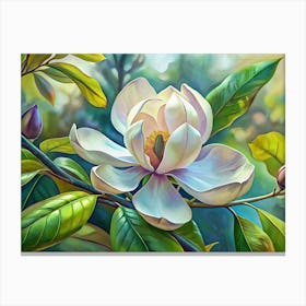 White Magnolia Flower With Green Leaves 1 Canvas Print